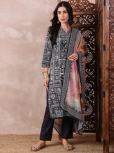 Women Black Silk Blend Geometric Printed Straight Kurta Trouser With Dupatta-PKSKD2542BLK